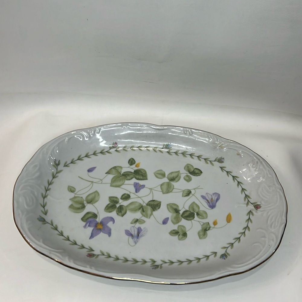 Tienshan Fine China Oval 13 X 9 Inches Serving Storing Platter White Green Purpl
